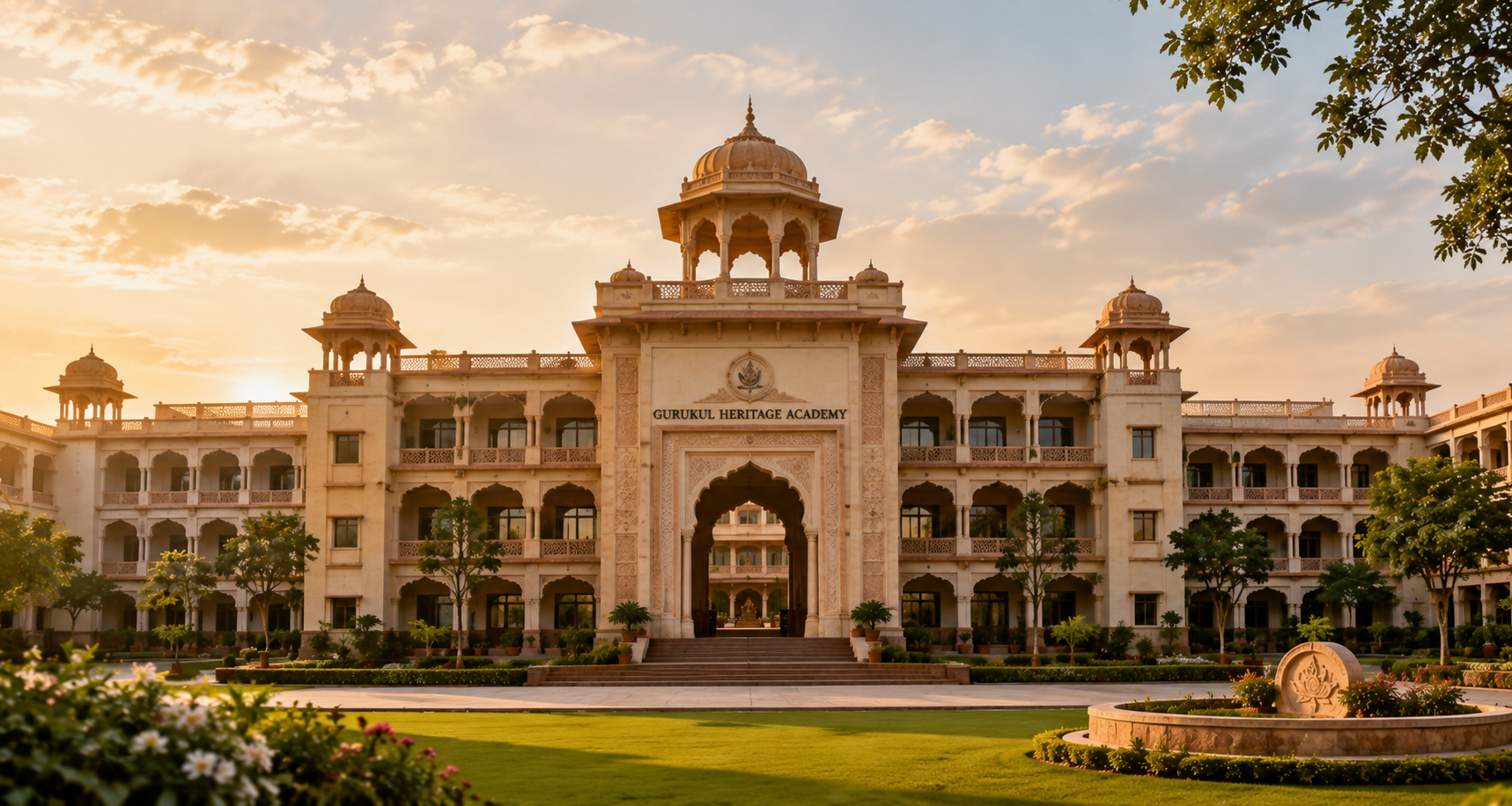 The heritage campus of Gurukul Heritage Academy, a CBSE school in Jaipur, with traditional architecture, arches and greenery